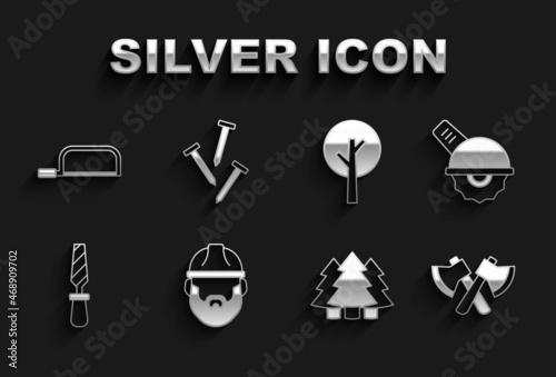 Set Lumberjack, Electric circular saw, Wooden axe, Christmas tree, Rasp metal file, Tree, Hacksaw and Metallic nails icon. Vector