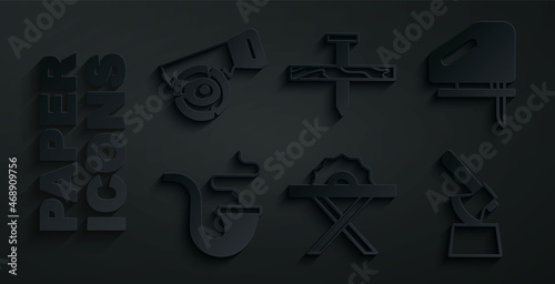 Set Electric circular saw, jigsaw, Smoking pipe, Wooden axe stump, Metallic nail and Hand and log icon. Vector