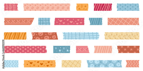 Set of bright patterned washi tape strips and pieces of duct paper. Colored decorative collection of tape mini washi sticker decoration for scrapbooking and holidays design.