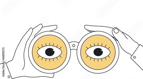 Eyes look forward, binoculars in hand. Concept target search, vision future.