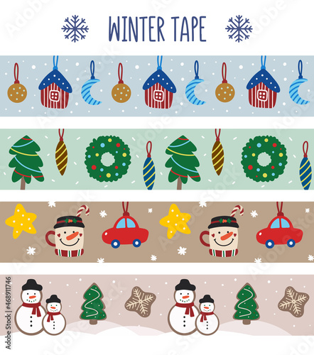 A set of cute strips of Christmas washi tape in blue, green, brown and cream.