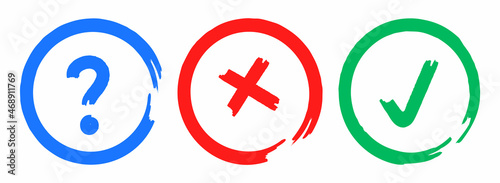 Blue question, red X, green tick in circles, approval sign collection. Test, quiz, survey, choice option templates.