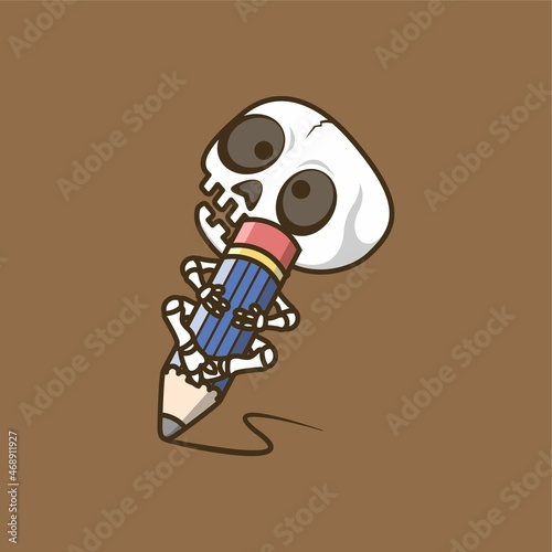 cute cartoon skull character writing with big pencil. vector illustration for mascot logo or sticker