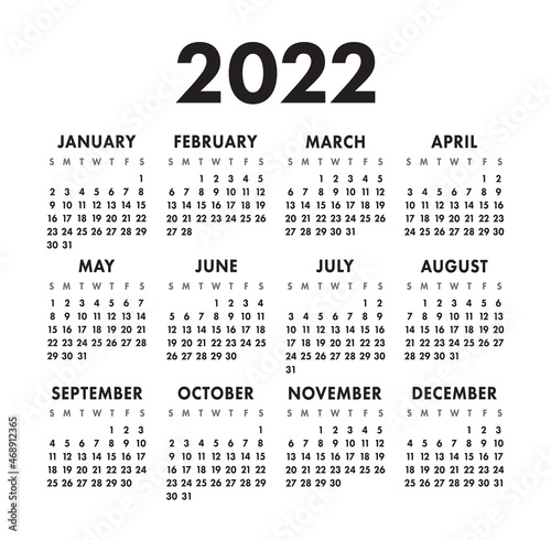 Calendar 2022 vector pocket basic grid. Simple design template. Black and white calender. New year