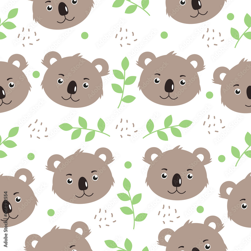 Cute koala with green branches and dots. Seamless patterns. Can be used for wallpaper, web page background fills, surface textures