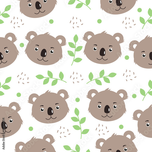 Fototapeta Naklejka Na Ścianę i Meble -  Cute koala with green branches and dots. Seamless patterns. Can be used for wallpaper, web page background fills, surface textures