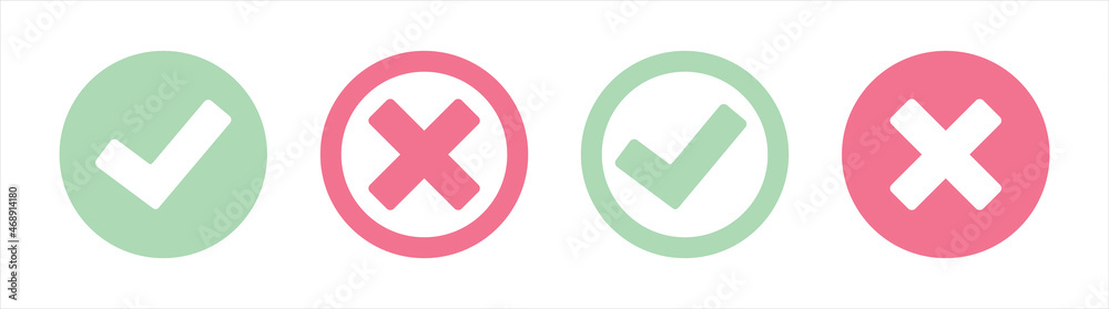 Check mark or checkbox pictogram icons set. Green tick icons. Green and red check mark icon. Circle tick approved symbol. Check mark or checkbox pictogram icons set. Green tick icons. Green and red check mark icon. Circle tick approved symbol.