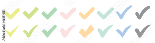 Check mark or checkbox pictogram icons set. Candy colour tick icons. Candy colour check mark icon. Circle tick approved symbol.