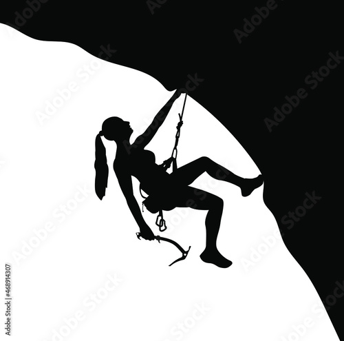 Girl climber climbs the cliff black and white silhouette