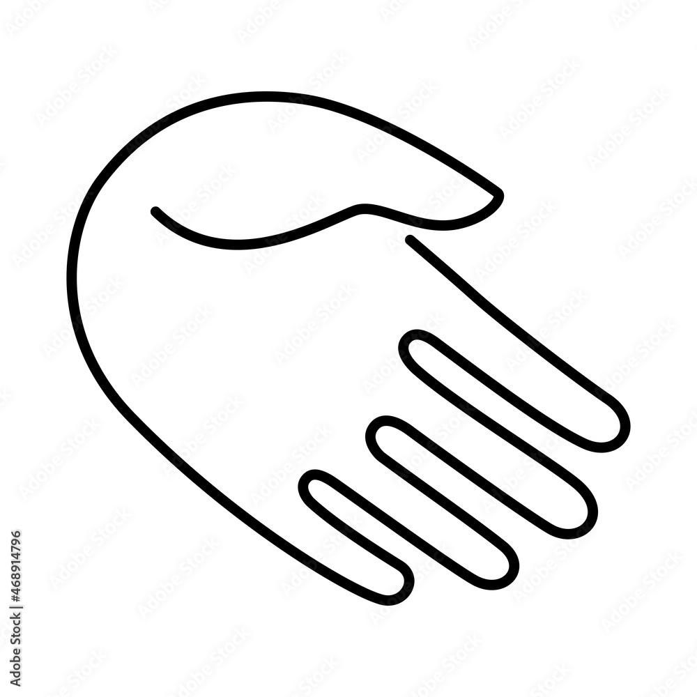 Opened palm with a pill. Medical icon. Line drawing. Vector illustration.