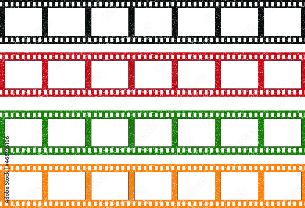 A collection of grunge film strips in black, red, green and orange. Old retro cinema film strip. Video recording. Vector illustration. A collection of grunge film strips in black, red, green and orange. Old retro cinema film strip. Video recording. Vector illustration.