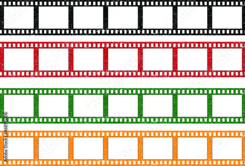 A collection of grunge film strips in black, red, green and orange. Old retro cinema film strip. Video recording. Vector illustration.