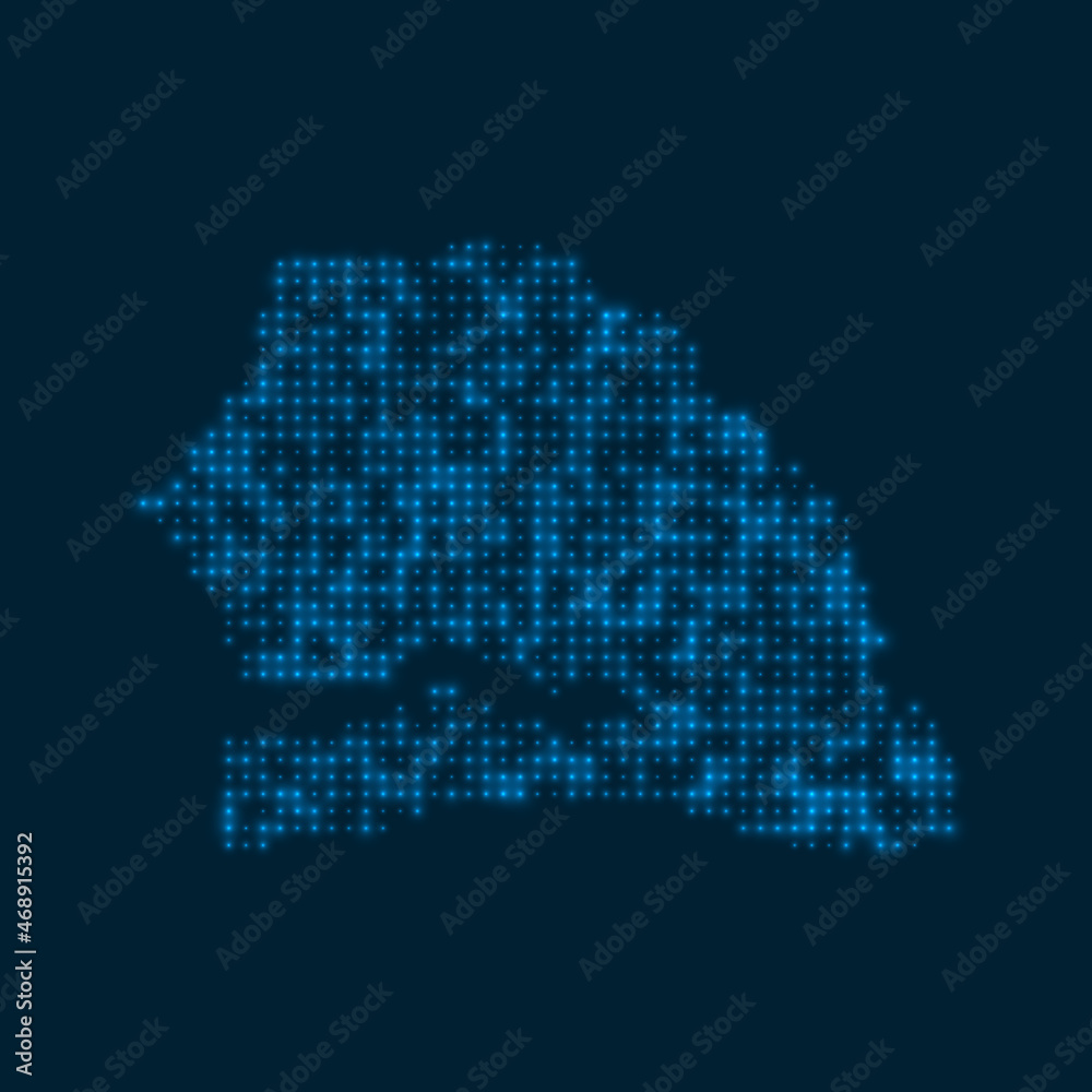 Senegal dotted glowing map. Shape of the country with blue bright bulbs. Vector illustration.