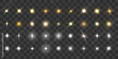 Realistic collection of bright light effects, sparkling stars on a transparent background. Vector photo