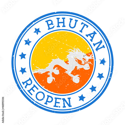Bhutan Reopening Stamp. Round badge of the country with the flag of Bhutan. Reopening after lockdown sign. Vector illustration.