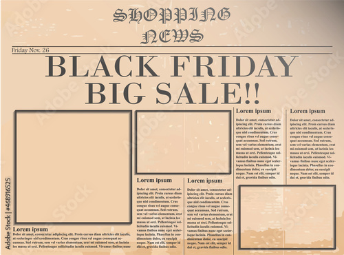 Black Friday and Big Sale headline on old faded template Newspaper background. Mock up Black friday concept. photo