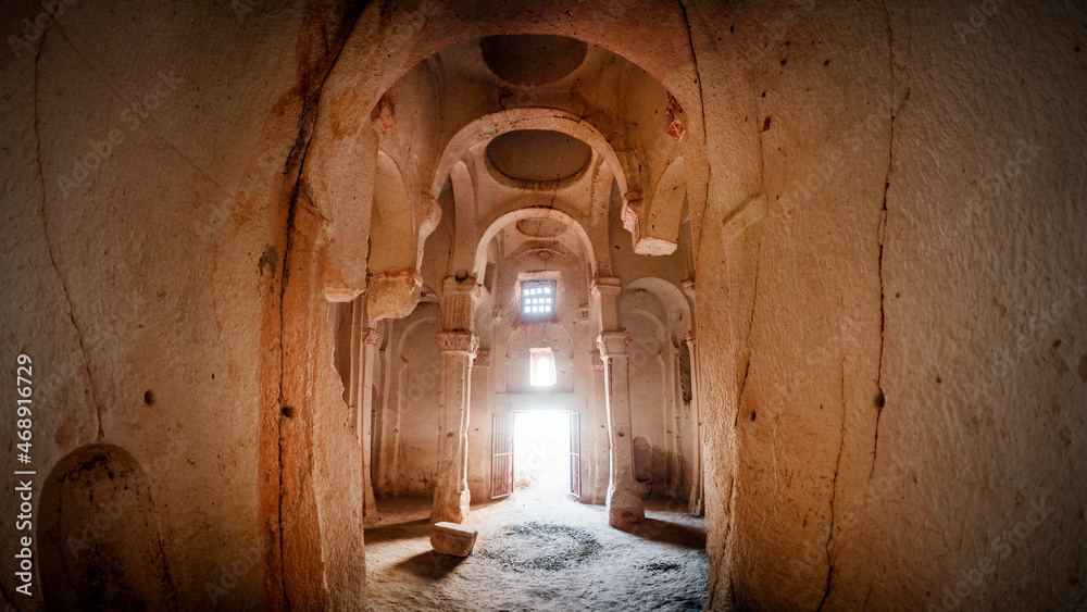 CAPPADOCIA, Ortahisar, Turkey. View of the facade of an ancient cave Orthodox Greek monastery
