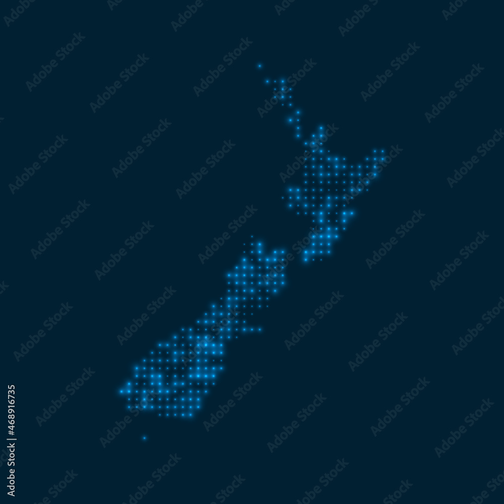New Zealand dotted glowing map. Shape of the country with blue bright bulbs. Vector illustration.