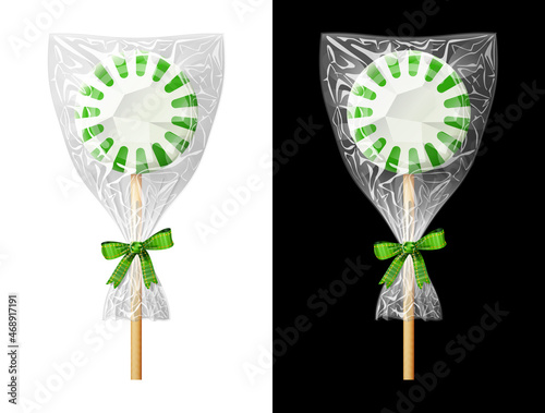 Round candy on stick in plastic wrapper with bow. Festive wrapped green lollipop isolated on white and black. Vector image for christmas, sweet food, new years day, holiday, dessert, new years eve