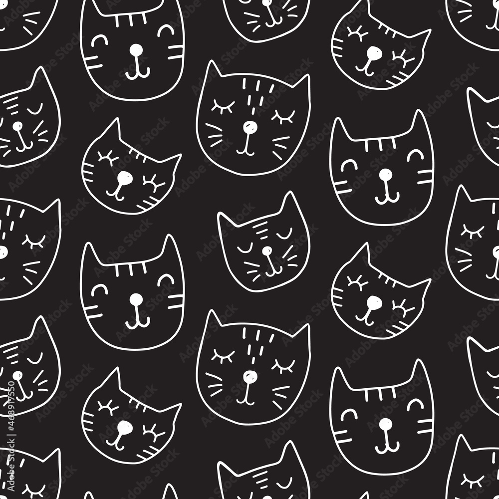 Vector Cat seamless pattern, white on black Vector Cat seamless pattern, white on black