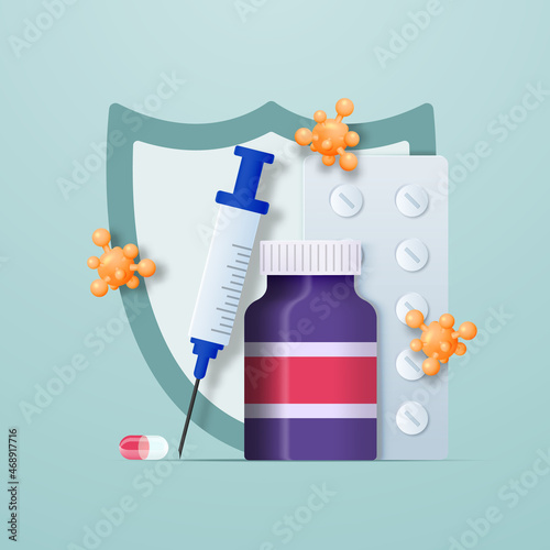 Composition of a syringe, tablets, syringe and viruses. Protection and vaccination concept. Vector 3D illustration.