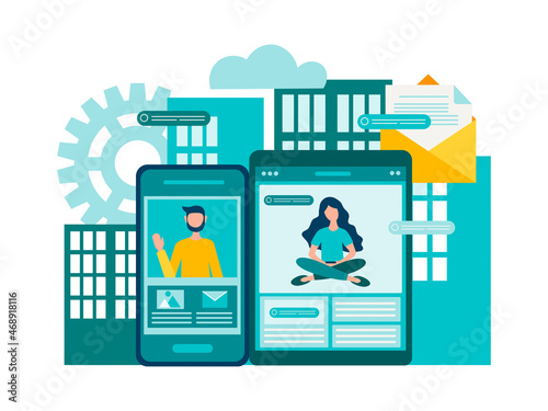 Gadgets, electronic communication and information exchange online.