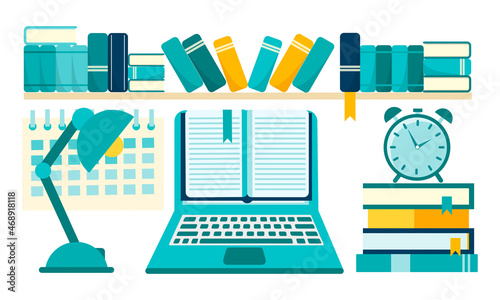 Online learning, education on the Internet, workplace, books, computer, electronic library