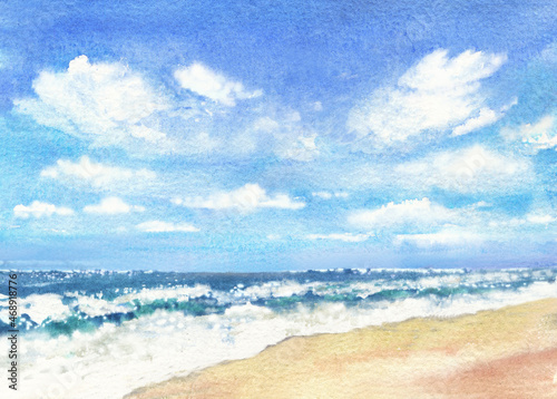 Untouched tropical beach with waves and sky with white puffy clouds. Watercolor hand drawn illustration