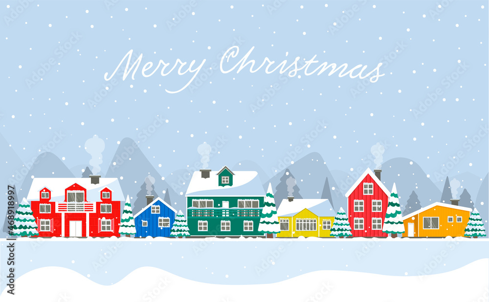 Snowy day in a cozy Christmas panorama of the village. Winter Christmas village landscape. Colorful houses Iceland, North Pole, Holland. Greeting card with the inscription merry christmas