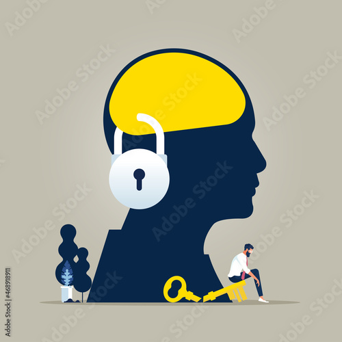 Chain and lock in human head, Illustration about fixed mindset and negative think, lock closed Brain head and idea