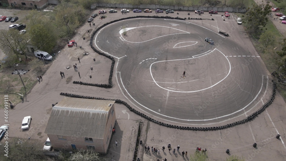Aerial drone view of the open-air street racing and drift track