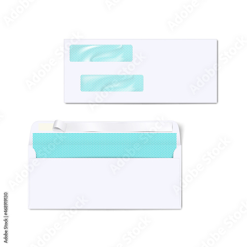 Blank white two window envelope with security pattern - front and back, closed and open. Realistic vector mockup