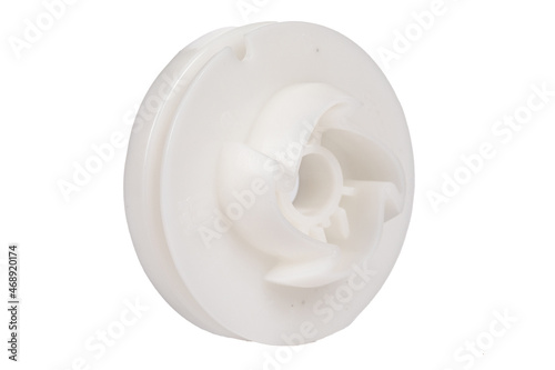 plastic bushing on white background, starter spare part for trimmer or chainsaw and lawn mower
