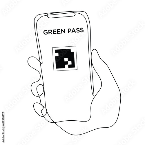 Green Pass on the screen of cell phone. Vector isolated black and white hand drawn illustration. Line art, covid certificate wirh qr code bar. Print design. Vaccitation document