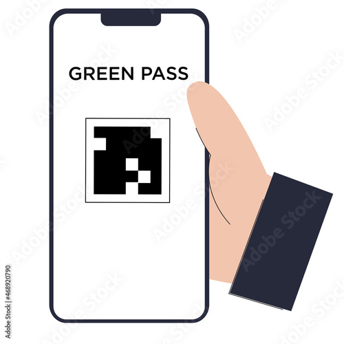 Green Pass on cell phone. A person are showing a screen with qr code covid vaccination certificate on smart phone in a hand. Vector cartoon flat illustration. Isolated clip art with covid-19 document