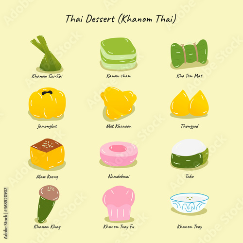 Thai dessert icon set, 12 icons, black outline, name below icons, vector, illustration.