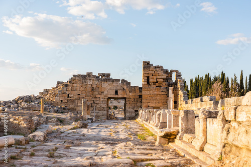 Frontinia Gate and Street (northern gate of the ancient city of Hierapolis). Ancient Roman resort town designed to improve the health and relaxation of the nobility. Mount Pamukkale. Landmark Turkey