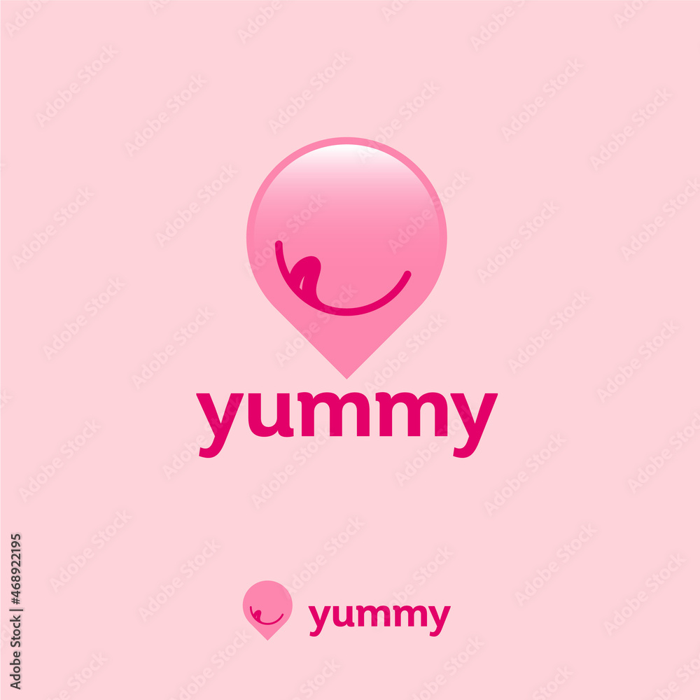 Yummy, sweets logo. Food point icon. Map marker with smile. Yummy, sweets logo. Food point icon. Map marker with smile.