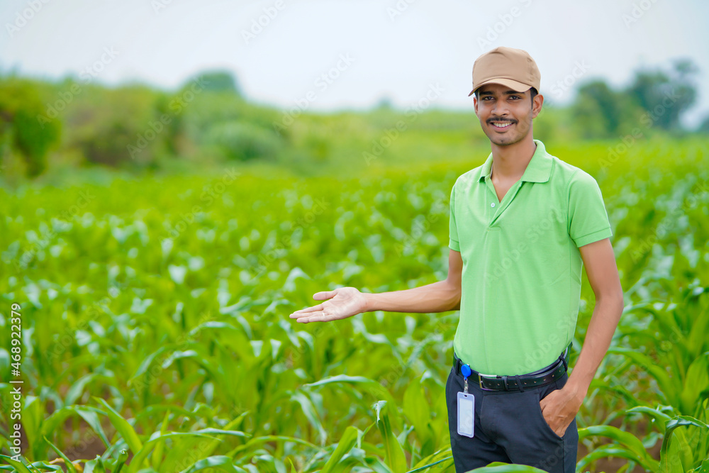 Indian agronomist at green agriculture field.