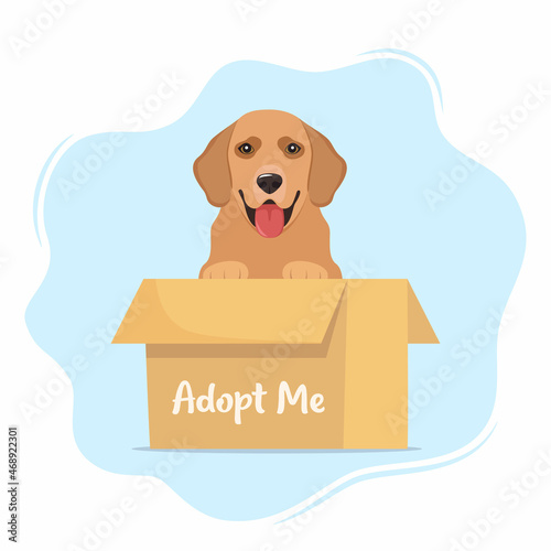 Cute dog in a cardboard box with the inscription Adopt me. Adopt a pet. Cute homeless puppy waiting for the adoption. Vector illustration for animal shelter poster.