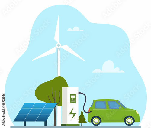 Green electric car charging, side view. Ecologically clean transport, eco-city. Electric car charging at the charger station in front of the solar panels and wind turbines. Vector illustration.