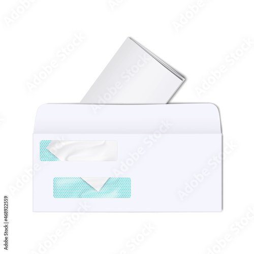Blank white two window envelope with brochure inside. Business letter. Realistic vector illustration