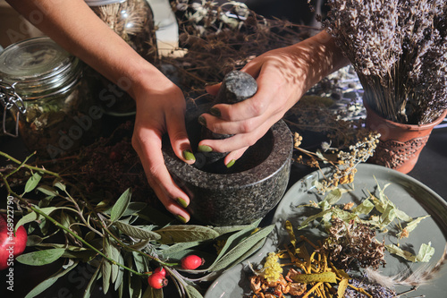 The girl grinds dry herbs in a mortar. Preparation of a mixture of dried herbs for making tea, medicines, tinctures. Phytotherapy, alternative medicine.