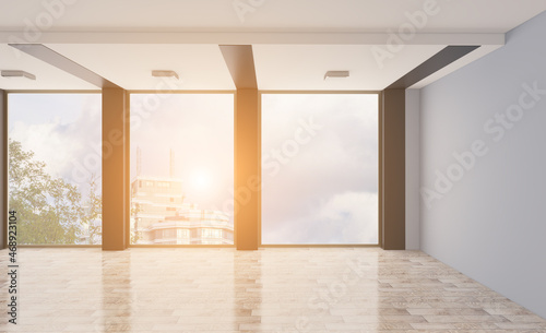 Elegant office interior. Mixed media. 3D rendering.. Sunset.. empty  room.