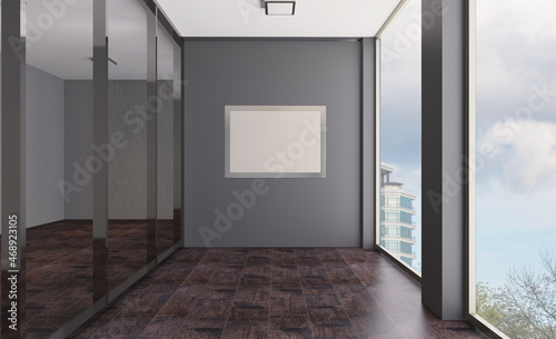 Furniture set with table, chairs and devices. 3D rendering.. Blank paintings. Mockup.. empty room.