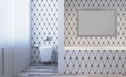 Spacious bathroom in gray tones with heated floors  freestanding tub. 3D rendering.. Blank paintings.  Mockup.