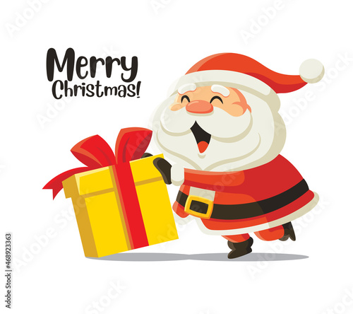 Merry Christmas lettering Santa character design. Santa Claus pushing a big Christmas gift box presents. Vector