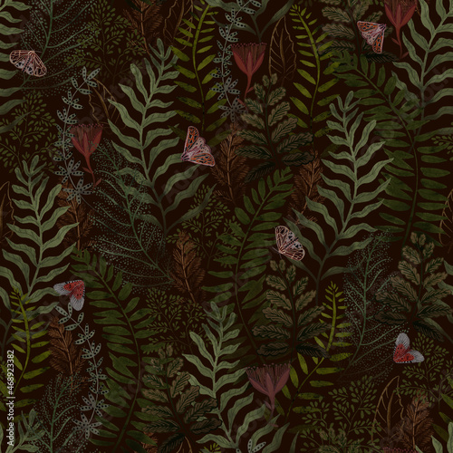 Hand drawn Ferns seamless pattern, forest plants with butterflies dark background