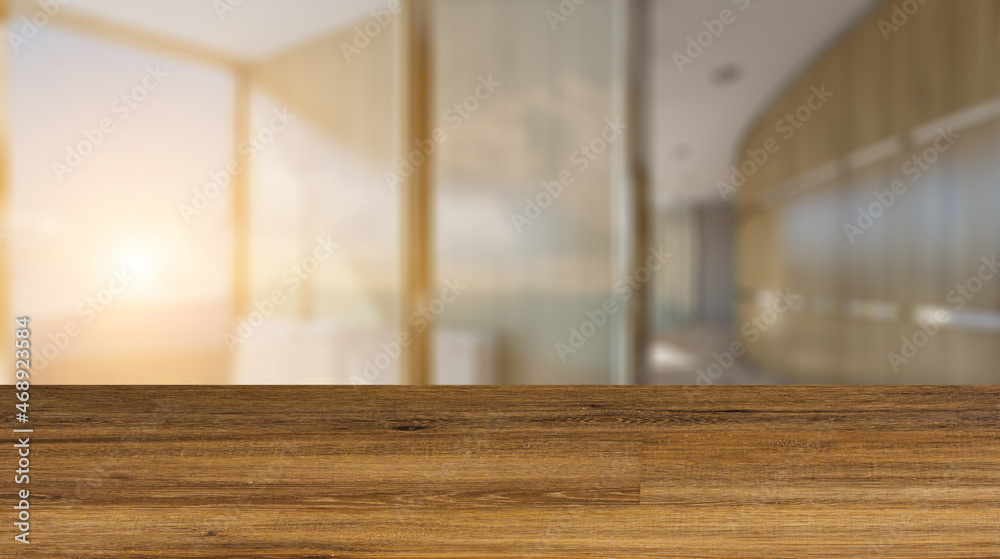 Background with empty wooden table. Flooring. Modern meeting room. 3D rendering.. Sunset. Background with empty wooden table. Flooring. Modern meeting room. 3D rendering.. Sunset.