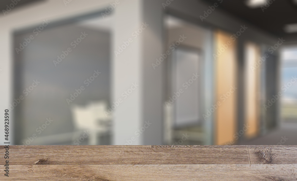Background with empty table. Flooring. Modern office building interior. 3D rendering.. Mockup.   Empty